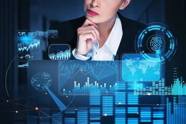 Businesswoman Working Front Laptop Blue Hologram Glowing Digital Information Security — Stock Photo, Image