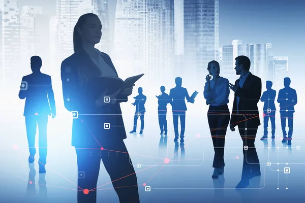 Silhouettes Business People Programmers Working Business Optimization Process Hologram Connected — 스톡 사진