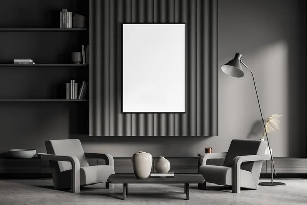 Banner in the living room interior in dark grey, having shelves, original wall, slim lamp, two armchairs with coffee table and concrete flooring. Concept of modern house design. Mockup. 3d rendering