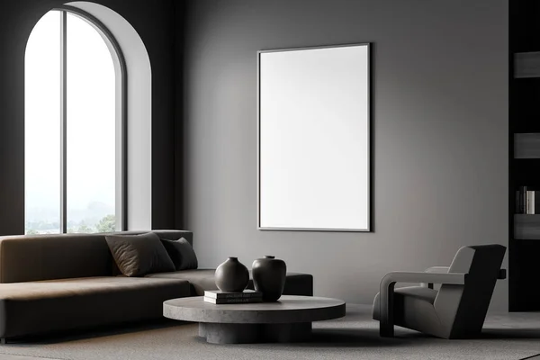 Empty Poster Dark Grey Living Room Interior Having Coffee Table — 스톡 사진