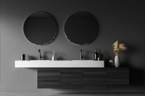 Two Mirrors Dark Wooden Vanity Shifted White Shelf Double Sinks — Stock Photo, Image