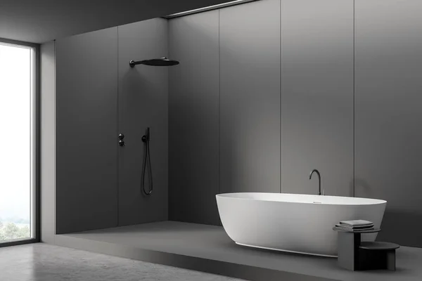 Interior Rounded White Ceramic Tub Bathroom Area Shower Having Grey — 图库照片