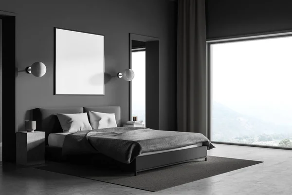 Poster Wall Bed Dark Grey Bedroom Interior Panoramic View Two — Stock Photo, Image