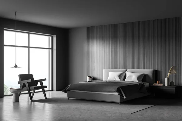 Ecke Des Panoramischen Schlafzimmers Mit Bett Wandverkleidung Sessel Mit Couchtisch — Stockfoto