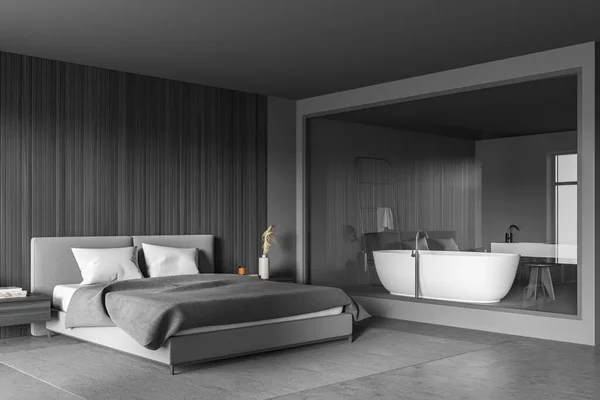 Corner Grey Bedroom Interior Bed Wall Panelling Rug Shelves Concrete — 스톡 사진