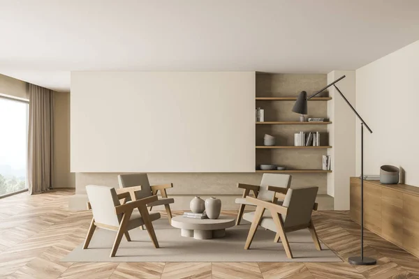 Living room interior with four armchairs, accent floor lamp, empty space near the panoramic window, bookshelf and sideboard. Parquet and beige walls. A concept of modern house design. 3d rendering