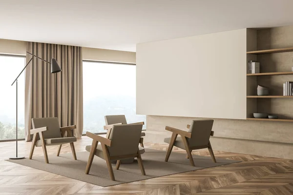 Corner view, having four armchairs, accent floor lamp, curtains, niche bookshelf, parquet and beige walls. A concept of modern house design of panoramic living room interior. 3d rendering