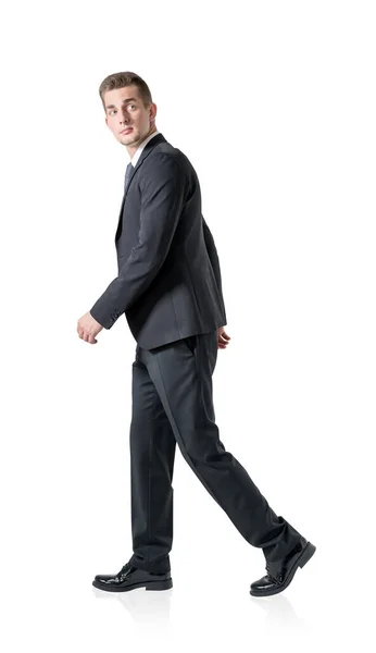 Handsome Business Man Walk Making Step Businessman Wear Elegant Black — Stock Photo, Image