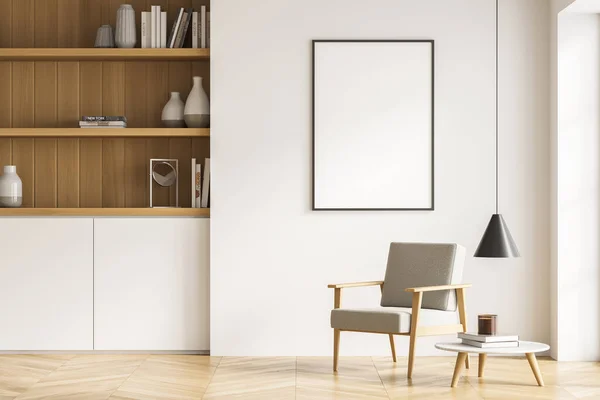 Fåtölj Svart Hängande Lampa Soffbord Och Banderoll Den Ljusa Beige — Stockfoto