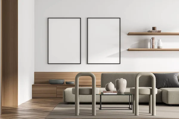 Zwei Gerahmte Banner Wohnzimmer Mit Beigem Sofa Zwei Hockern Minimalistischem — Stockfoto