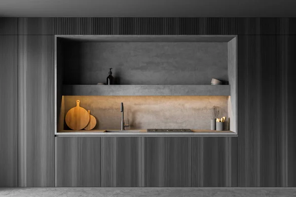 Вбудований Дизайн Кухонного Шафи Використовуючи Темне Дерево Дверей Освітлену Сіру — стокове фото