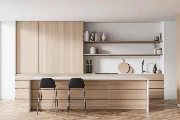 Diseño Moderno Cocina Utilizando Madera Estantes Abiertos Interior Blanco Claro —  Fotos de Stock