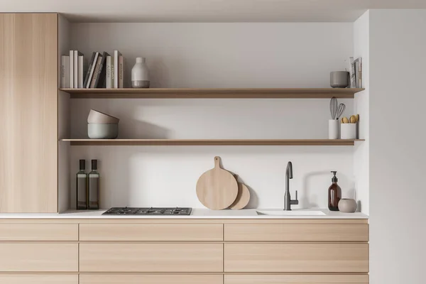キャビネット付きのキッチンインテリアのクローズアップビューは オープン棚 異なるサイズの木製の引き出し 白いワークトップと壁を持っています 現代の家のデザインの概念 3Dレンダリング — ストック写真