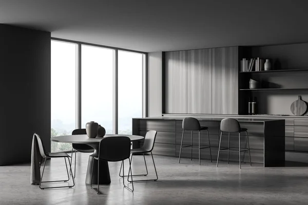 Corner Dark Grey Kitchen Interior Wooden Cabinet Concrete Floor Table — Stock Photo, Image