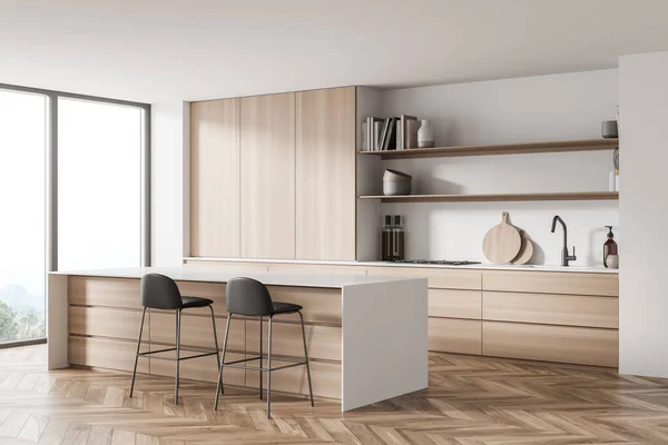 Hoek Van Witte Panoramische Keuken Interieur Met Houten Kast Open — Stockfoto