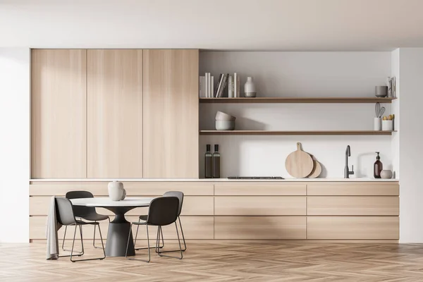 モダンな木製のキッチン オープン棚があります 白のカウンターと4つの椅子とパケットとラウンドブラックダイニングテーブルとライトインテリア 現代の家のデザインの概念 3Dレンダリング — ストック写真