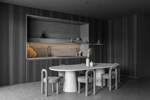 Corner Interior Dark Grey Kitchen Space Having Illuminated Niche Oval — 스톡 사진