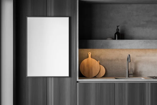 グレーのキャビネットドアのグレーのキッチンインテリアのバナー 台所用品 シンクと狭い棚と石のニッチ モダンな家のデザインのコンセプト 3Dレンダリング — ストック写真