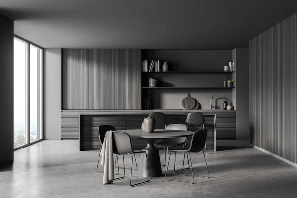 Dark Grey Kitchen Interior Wooden Cabinet Concrete Floor Dining Table — 图库照片