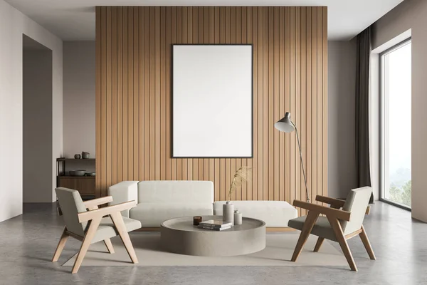 Banner on wooden wall in the living room space, having sofa, two armchairs, round coffee table without legs and thin lamp with doorway and panoramic window in the background. Mockup. 3d rendering