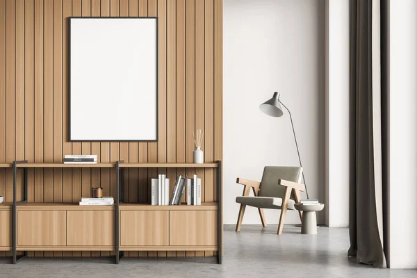 Banner on the lined wall above sideboard in the living room, having two spaces. Armchair with lamp and coffee table in the background. Concept of modern interior design. Mockup. 3d rendering