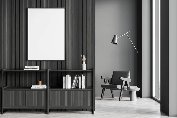 Banner above sideboard in the waiting room, divided by the lined partition. Armchair with lamp and coffee table in the background. Concept of modern interior design. Mockup. 3d rendering