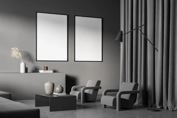 Two Posters Gray Living Room Interior Corner Ledge Minimalist Coffee — 스톡 사진