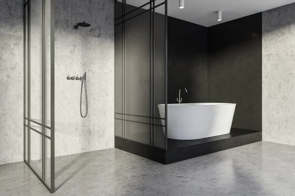 バスルームのインテリアの隅には 灰色の領域内のシャワールームがあり 角の黒い石のスペースのバスタブとペアリング ミニマルなモダンハウスデザインのコンセプト 3Dレンダリング — ストック写真
