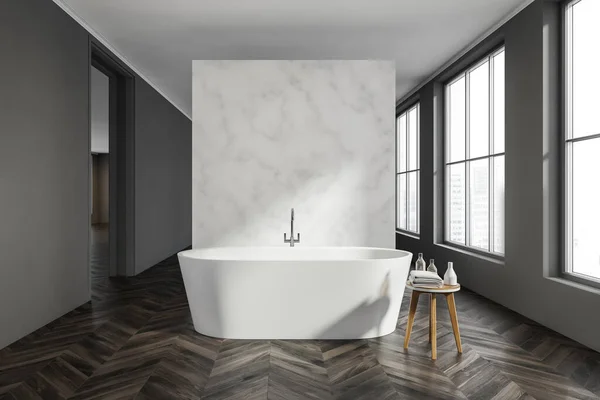 Panoramic Bathroom Interior Dark Parquet Flooring Marble Partition White Ceramic — Stok fotoğraf