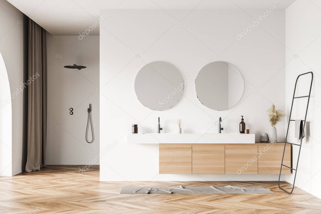 Interior with the shower, original vanity, two mirrors and sinks, parquet, pairing with white walls, greyish beige curtains and rug. Concept of modern design. 3d rendering