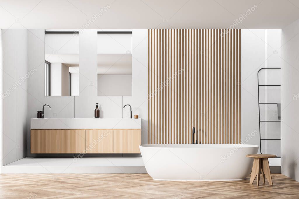 Bathroom interior with two mirrors, wooden details and parquet style floor, pairing with white walls. Modern design, using oval ceramic tub, double vanity and stool. 3d rendering