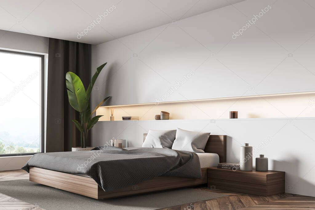 Interior with bed, bedside table, indoor plant at the panoramic window with curtains, parquet and white wall with narrow niche. Concept of a modern house design. 3d rendering