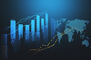 Parlak grafikleri ve grafikleri olan mavi siber uzay, büyümeyi ve holografik dünya haritasını gösteren aralıklı iki parlak sarı çizgi de dahil. Finansal orman kavramı. 3d oluşturma