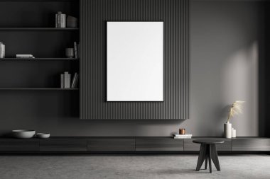 Koyu gri oturma odasının iç tarafında tabure, raf, beton zemin ve duvar paneli olan boş bir maket afiş. Modern ev tasarımı kavramı. 3d oluşturma