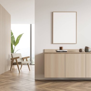 Koltuk ve panoramik pencereli oturma alanının açık bej kaplamalı pankartı büfenin arkasında. Parke. Modern ev tasarımı kavramı. 3d oluşturma