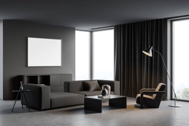 Oturma odasının iç tarafında boş beyaz poster, rahat koltuk kırsal manzaralı panoramik pencere ve kahve masası olan bir köşe manzarası. Minimalist tasarım kavramı. Model yap. 3d hazırlayıcı