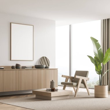 Koltuk, panoramik görüş, büfe, sehpa ve parke ile oturma alanının iç kısmında açık bej pankart. Modern ev tasarımı kavramı. 3d oluşturma