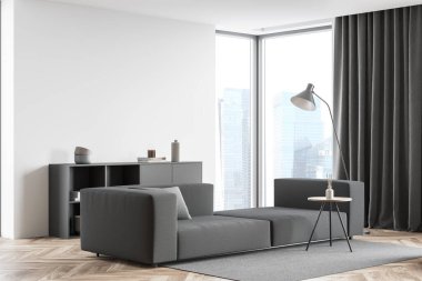 Oturma odasının içi boş duvar, rahat gri kanepe, halı, gökdelenler manzaralı panoramik pencere. Minimalist İskandinav tasarımı kavramı. Model yap. 3d hazırlayıcı