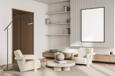 Oturma odasının iç kısmında zarif duvar kaplamalı pankart, halıda kahve masası olan bej koltuklar, ince lamba, raflar, kapı aralığı ve parke. Modern ev tasarımı kavramı. Modelleme. 3d oluşturma