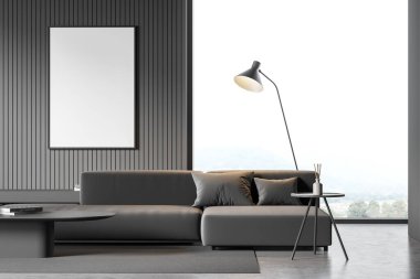 Oturma odasının içinde duvarında boş beyaz poster, büyük rahat gri kanepe kırsal manzaralı panoramik pencere ve beton zemin. Minimalist tasarım kavramı. Model yap. 3d hazırlayıcı