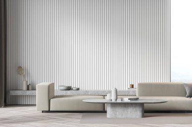 Oturma odasının içi geniş bej kanepe, halı, meşe ağacından parke döşeme ve kırsal manzaralı panoramik pencerelerle dolu. Minimalist İskandinav tasarımı kavramı. Model yap. 3d hazırlayıcı