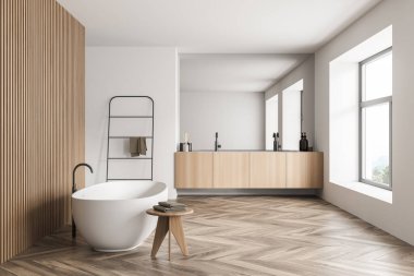 Banyonun içi beyaz küvetli, havluları olan küçük bir masa, çift lavabo ve kırsal manzaralı büyük bir pencere. Hijyenik ve spa prosedürleri kavramı. 3d hazırlayıcı