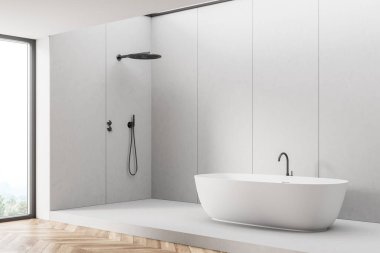 Banyo bölgesinde oval beyaz seramik küvetin içinde duş kabini ve gri duvarları var. Panoramik manzara ve ahşap döşeme. Modern ev tasarımı kavramı. 3d oluşturma