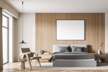 Yatak odasındaki pankartta gri yatak, duvar panelleri, sehpalı koltuk, halı, aksanlı kolye lambası, parke ve açık bej renkli duvarlar var. Modern ev tasarımı kavramı. 3d oluşturma