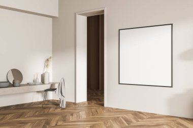 Minimalist bir yatak odası tasarım konsepti girişinde bir pankart ve altında bir raf olan bir oyuk. İçinde bej parke döşeme var. 3d oluşturma