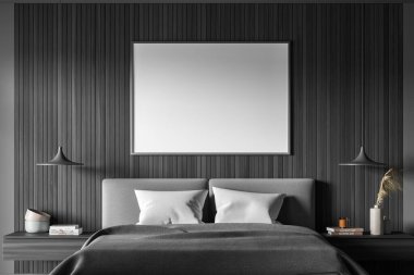 Yatay beyaz pankart, yatak başlığının üzerinde kolyeler, gri yatak odasında, siyah duvar paneli ve iki raf var. - Yakın çekim. Model yap. 3d oluşturma