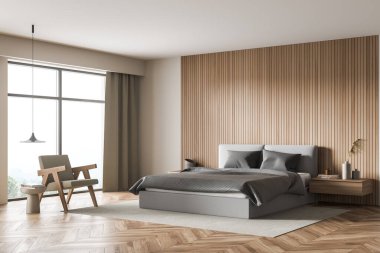 Panoramik yatak odasının köşesinde gri yatak odası, duvar panelleri, kahve sehpası, halı, kolye lambası, parke ve açık bej duvarlar var. Modern ev tasarımı kavramı. 3d oluşturma