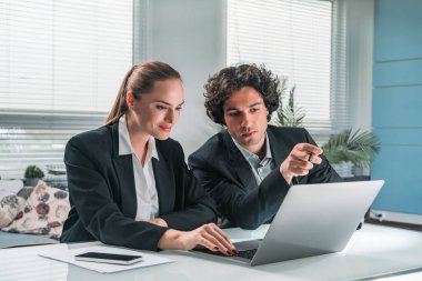 Resmi takım elbiseli iş kadını ve işadamı laptopun görüntüsünü incelemek için birlikte çalışıyorlar. Ofis geçmişi. Takım çalışması kavramı