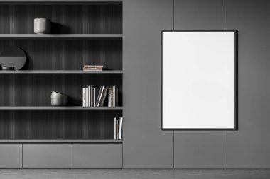 Gri dolap duvarlı oturma odası afişi, koyu ahşap rafları var. Modern ev tasarımı kavramı. Modelleme. 3d oluşturma.