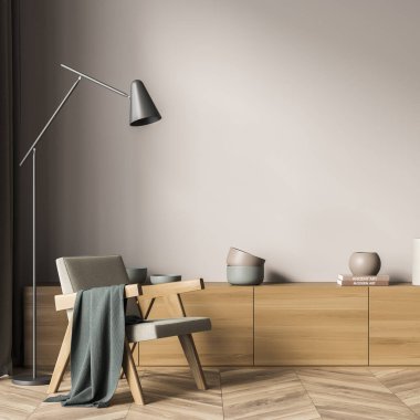 Parlak bekleme odası rahat koltuk, meşe ağacından parke döşeme, rahat dolap, kitaplar ve çanak çömlek. Minimalist İskandinav tasarımında buluşma yeri kavramı. Model yap. 3d hazırlayıcı